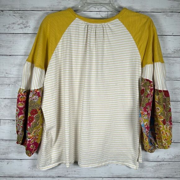 Umgee Cotton Yellow Stripe With Contrast Balloon Sleeves T-shirt Top L - Picture 7 of 8